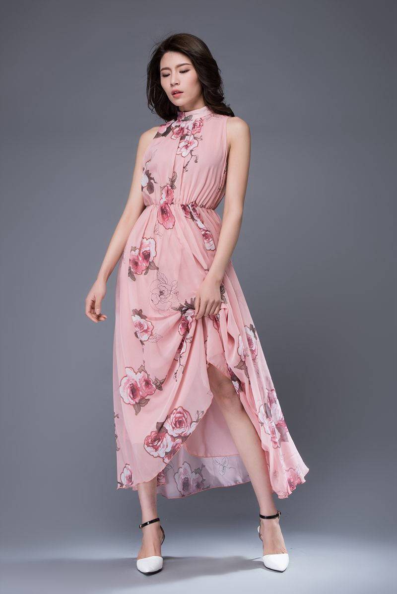 Pink print chiffon dress, bridesmaid chiffon dress, flower chiffon dress, romantic dress, womens dress, wedding dress, sleeveless dress C875