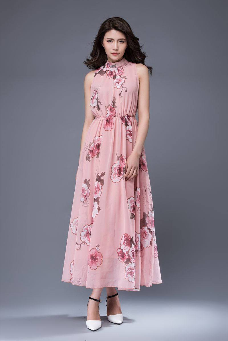 Pink print chiffon dress, bridesmaid chiffon dress, flower chiffon dress, romantic dress, womens dress, wedding dress, sleeveless dress C875