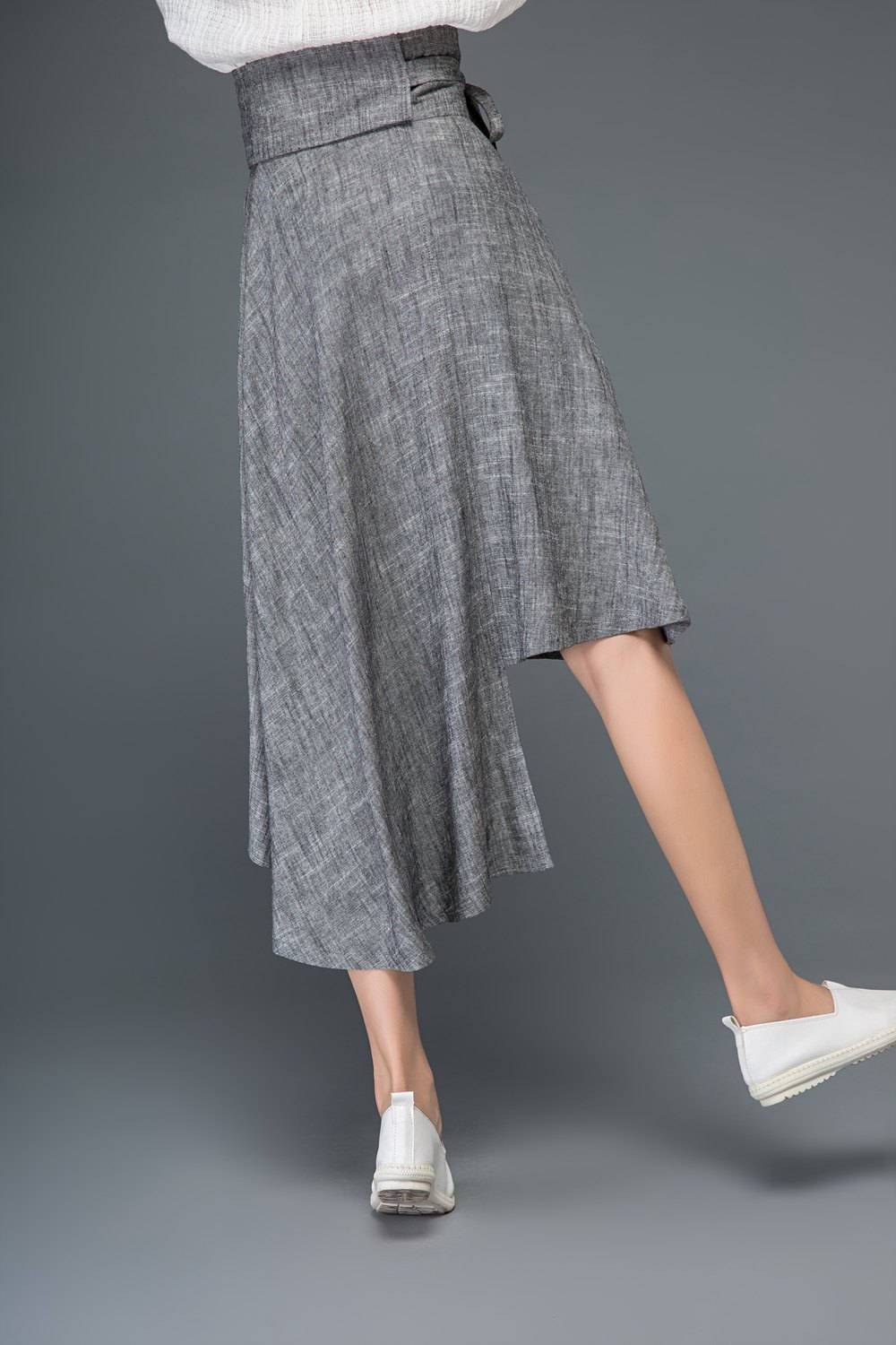 Gray linen skirt, linen womens skirt, summer linen skirt, midi skirt, asymmetrical skirt, bow skirt, pleated skirt, flare skirt C1159