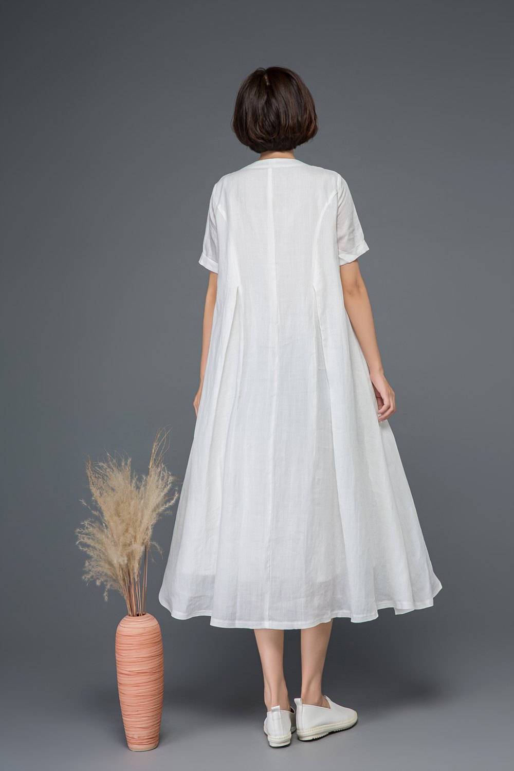 White linen dress, maxi dress, loose dress, summer dress, long dress, flare dress, elegant dress, pleated dress, cute dress, day dress C1161