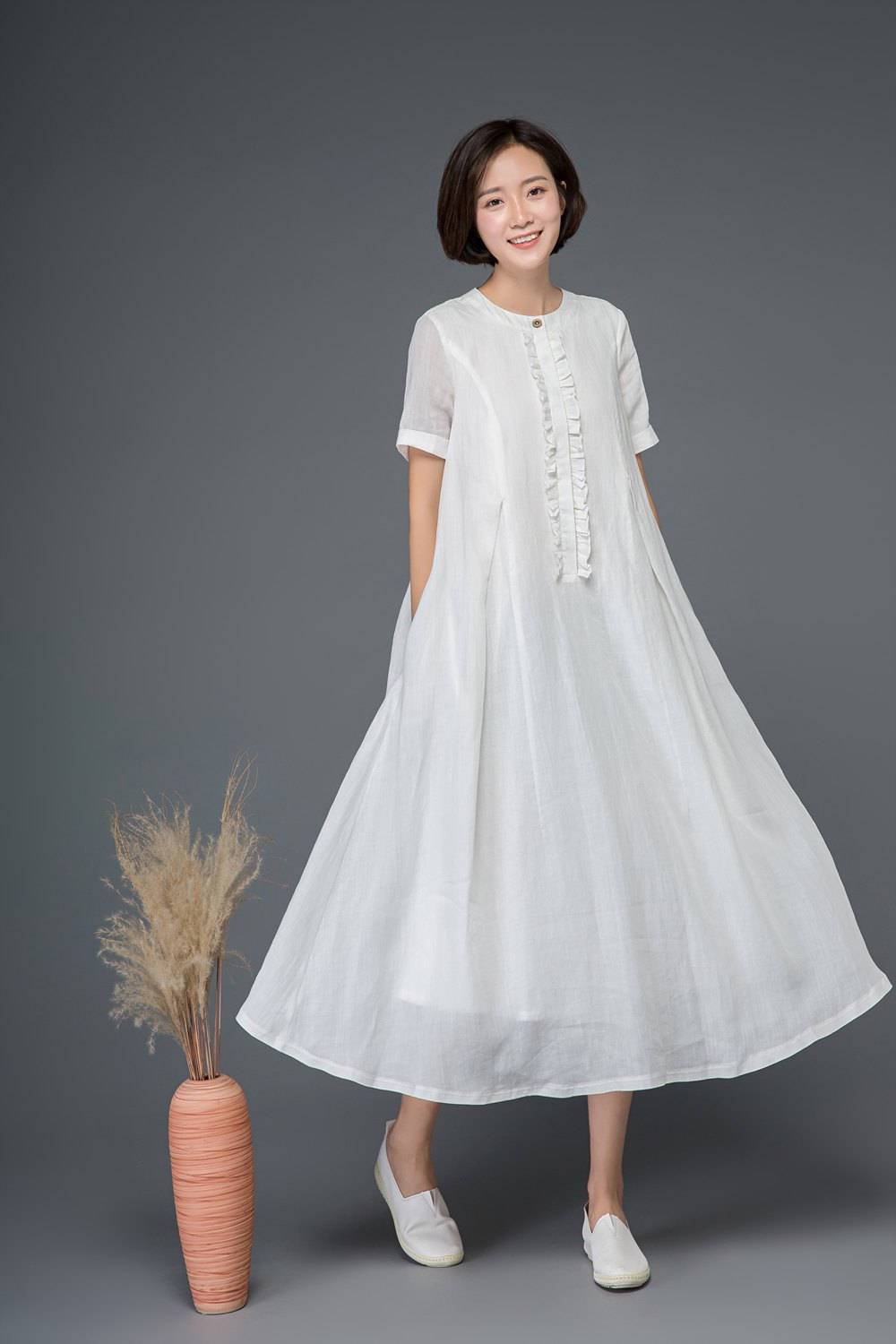 White Linen Maxi Dress - Loose Flare Silhouette with Front Ruffle C1161 - White / S White Linen Maxi Dress - Loose Flare Silhouette with Front Ruffle C1161 - White / S