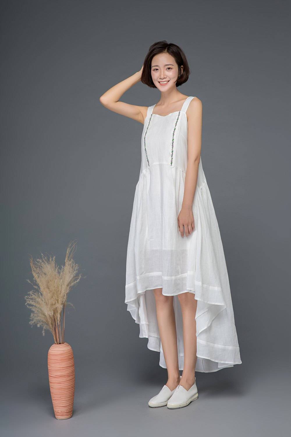 White linen dress, cute dress, summer dress, embroider dress, strap dress, wedding dress, asymmetrical dress, flare dress, loose dress C1162
