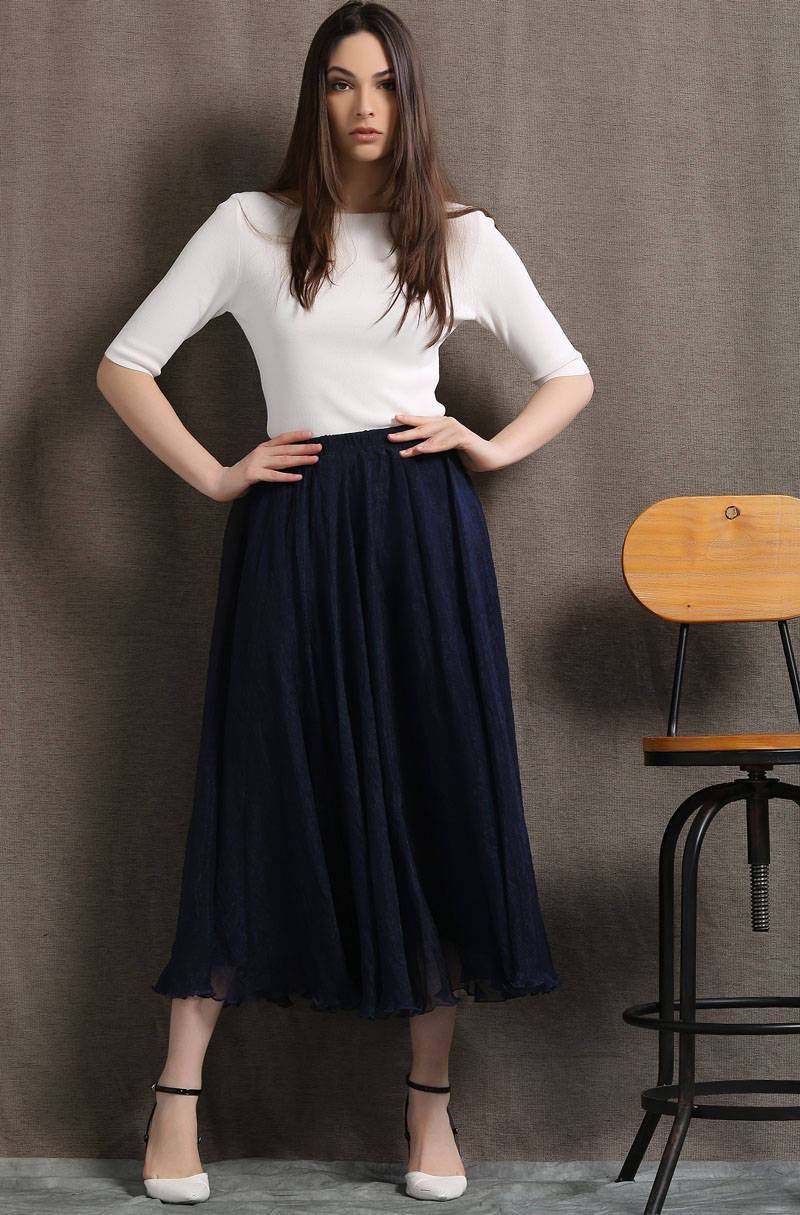 Party skirt, chiffon skirt, long skirt, navy blue skirt, womens skirts, elegant skirt, flare skirt, swing skirt, pleated skirt C428