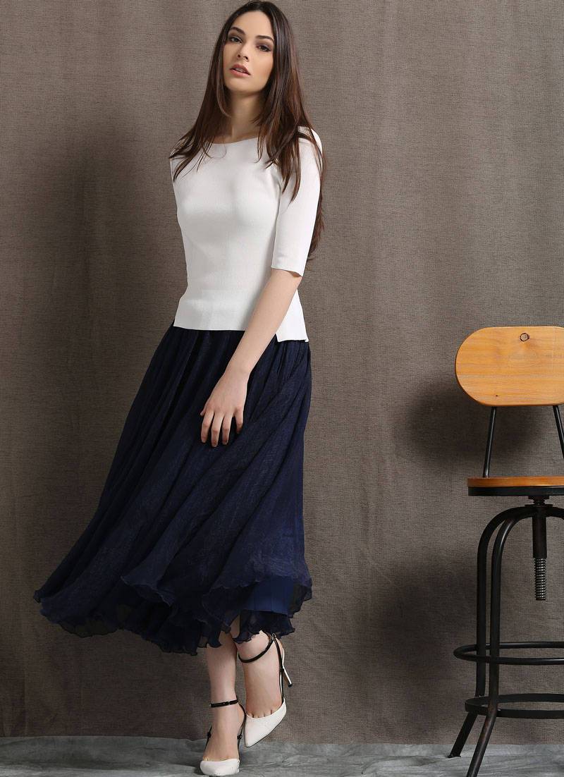 Party skirt, chiffon skirt, long skirt, navy blue skirt, womens skirts, elegant skirt, flare skirt, swing skirt, pleated skirt C428