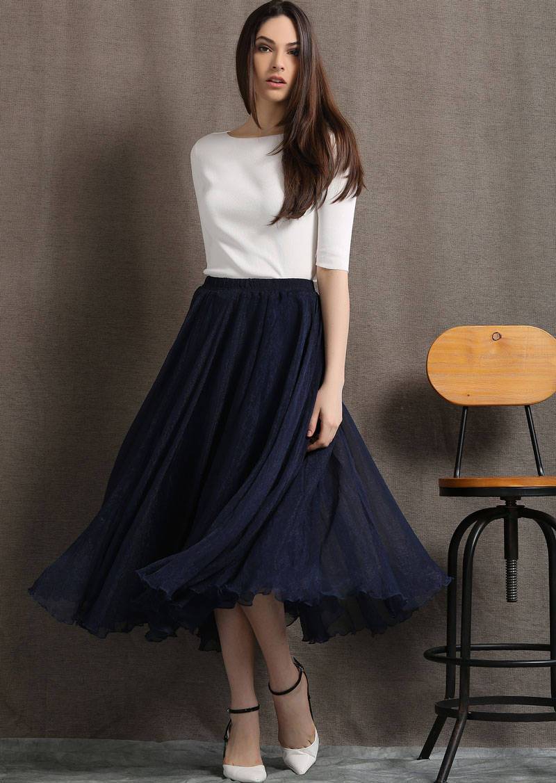 Party skirt, chiffon skirt, long skirt, navy blue skirt, womens skirts, elegant skirt, flare skirt, swing skirt, pleated skirt C428