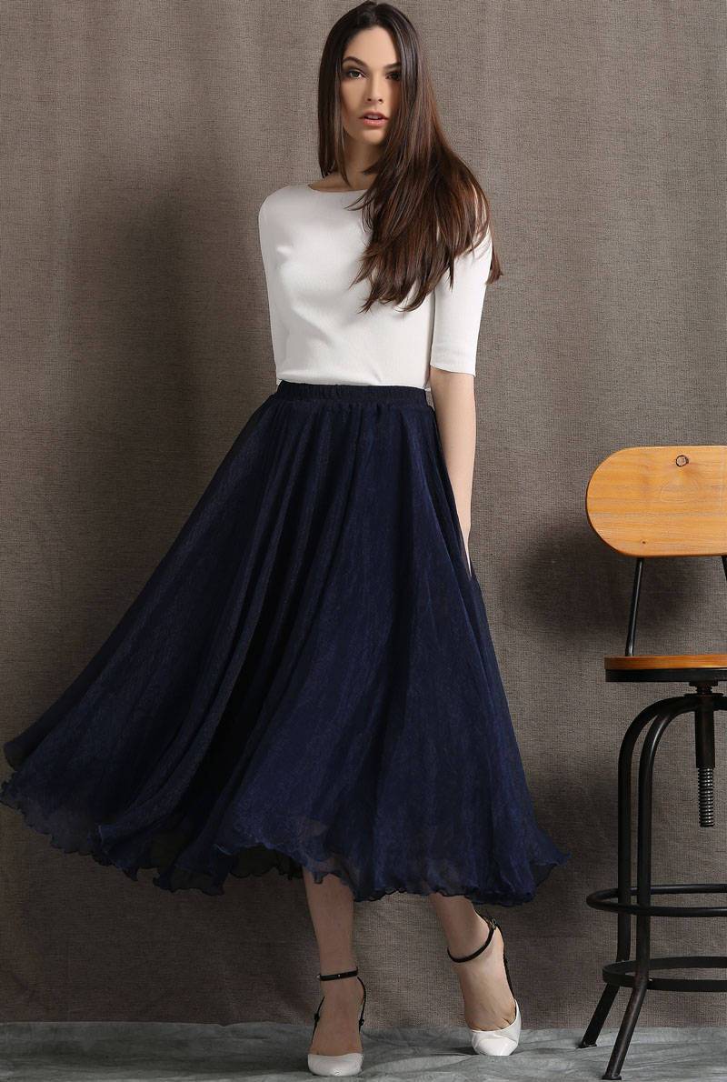 Party skirt, chiffon skirt, long skirt, navy blue skirt, womens skirts, elegant skirt, flare skirt, swing skirt, pleated skirt C428