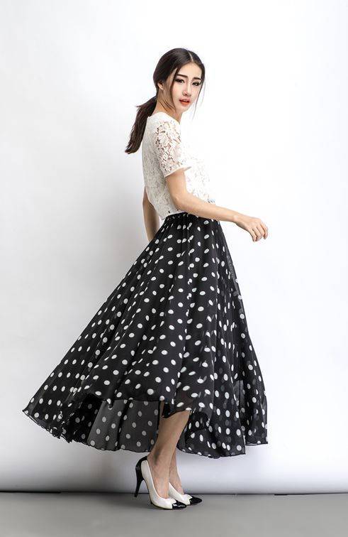 Chiffon skirt, Polka dot skirt, maxi skirt, long polka dot skirt, summer skirt, long skirt, maxi chiffon skirt, women skirt black C481