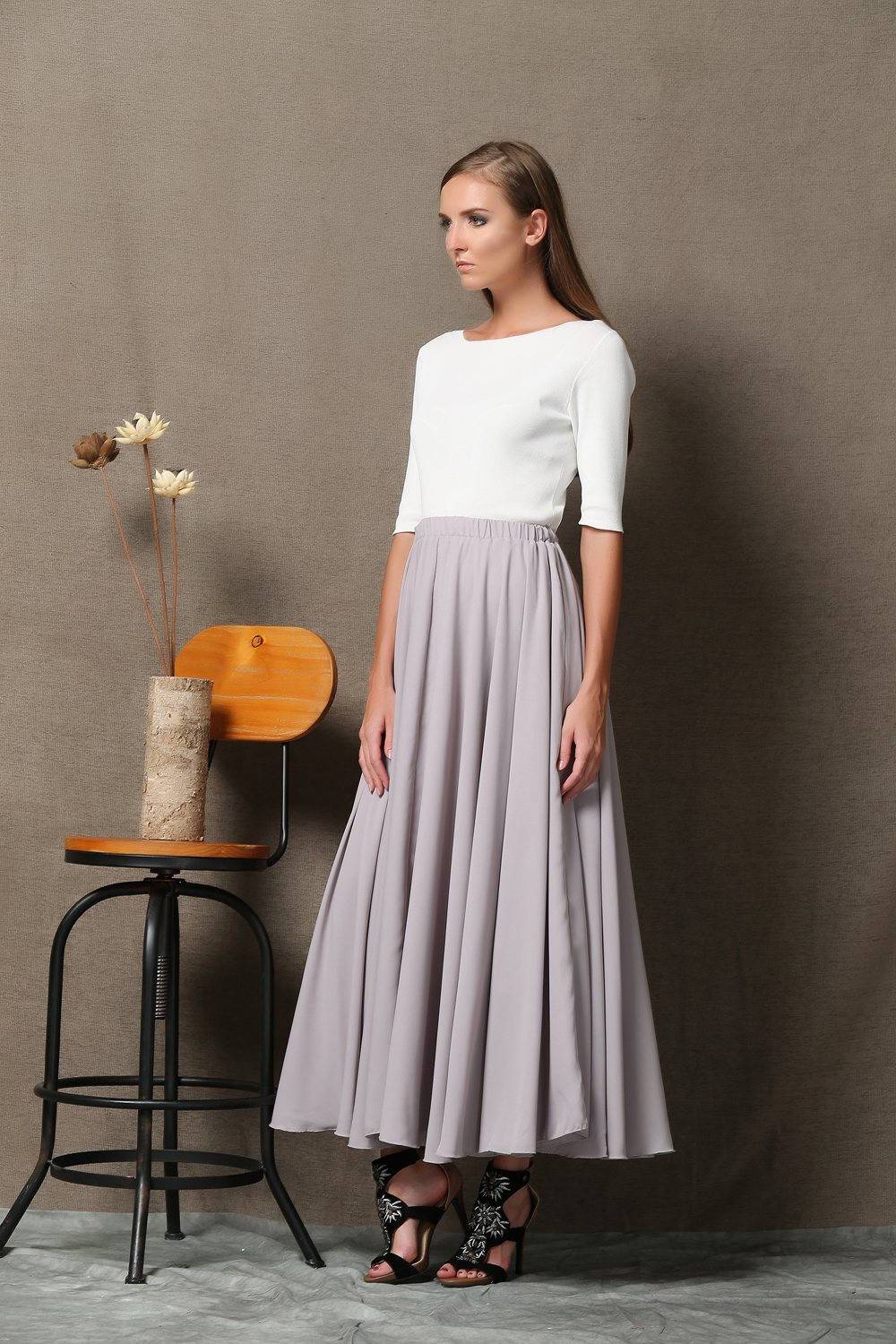 Chiffon skirt, gray chiffon maxi skirt, womens skirts, chiffon maxi skirt, long skirt, wedding skirt, gray chiffon skirt, summer skirt C572