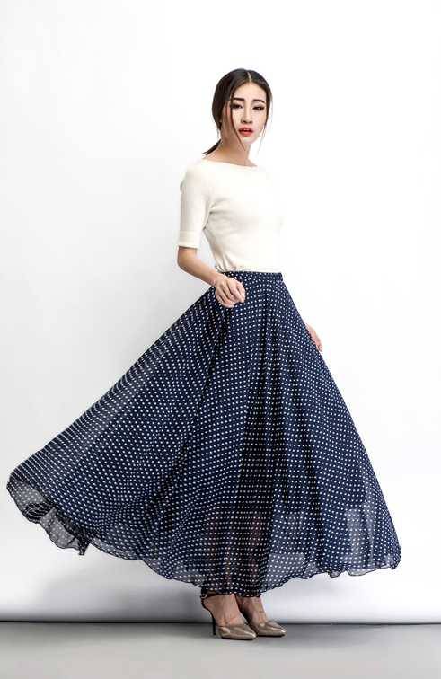 Chiffon skirt, polka dot maxi skirt, floaty skirt, long skirt, wedding skirt, summer skirt, navy blue skirt, sheer skirt, swing skirt C475