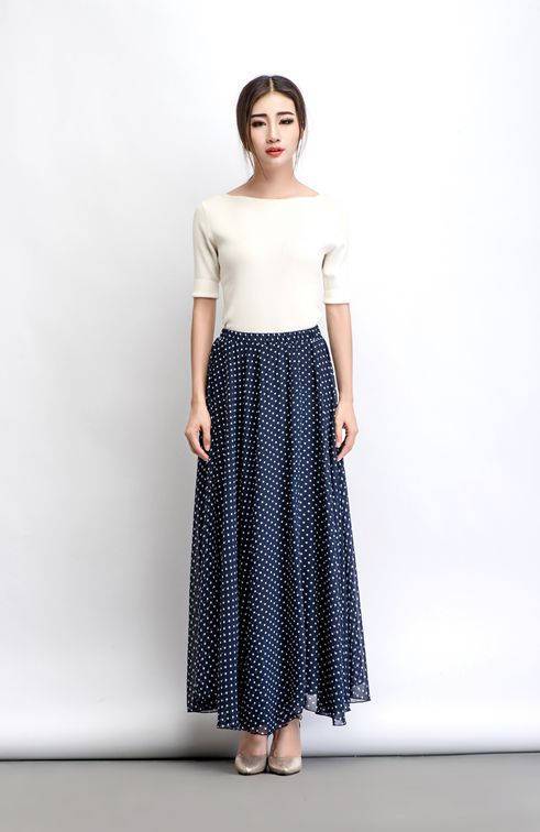 Chiffon skirt, polka dot maxi skirt, floaty skirt, long skirt, wedding skirt, summer skirt, navy blue skirt, sheer skirt, swing skirt C475