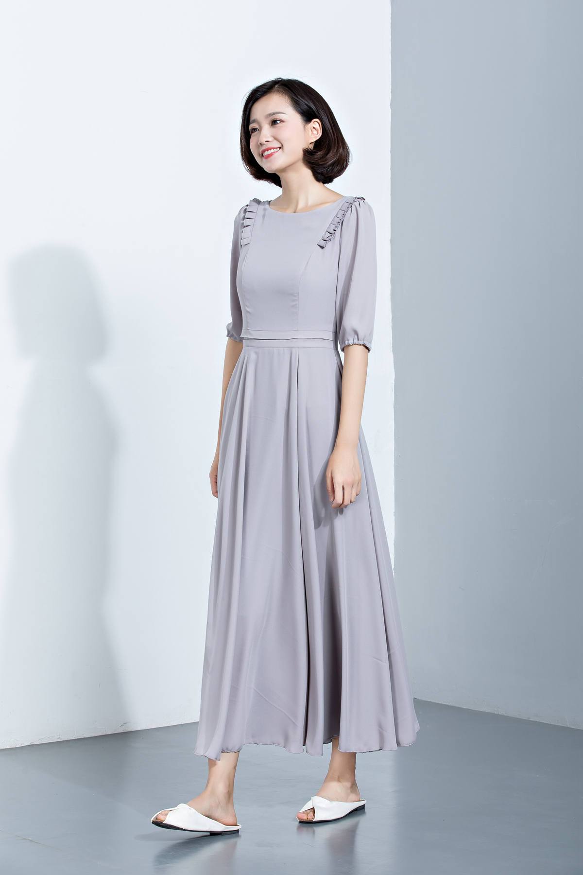 summer chiffon dress with mid sleeves and high waist C1137