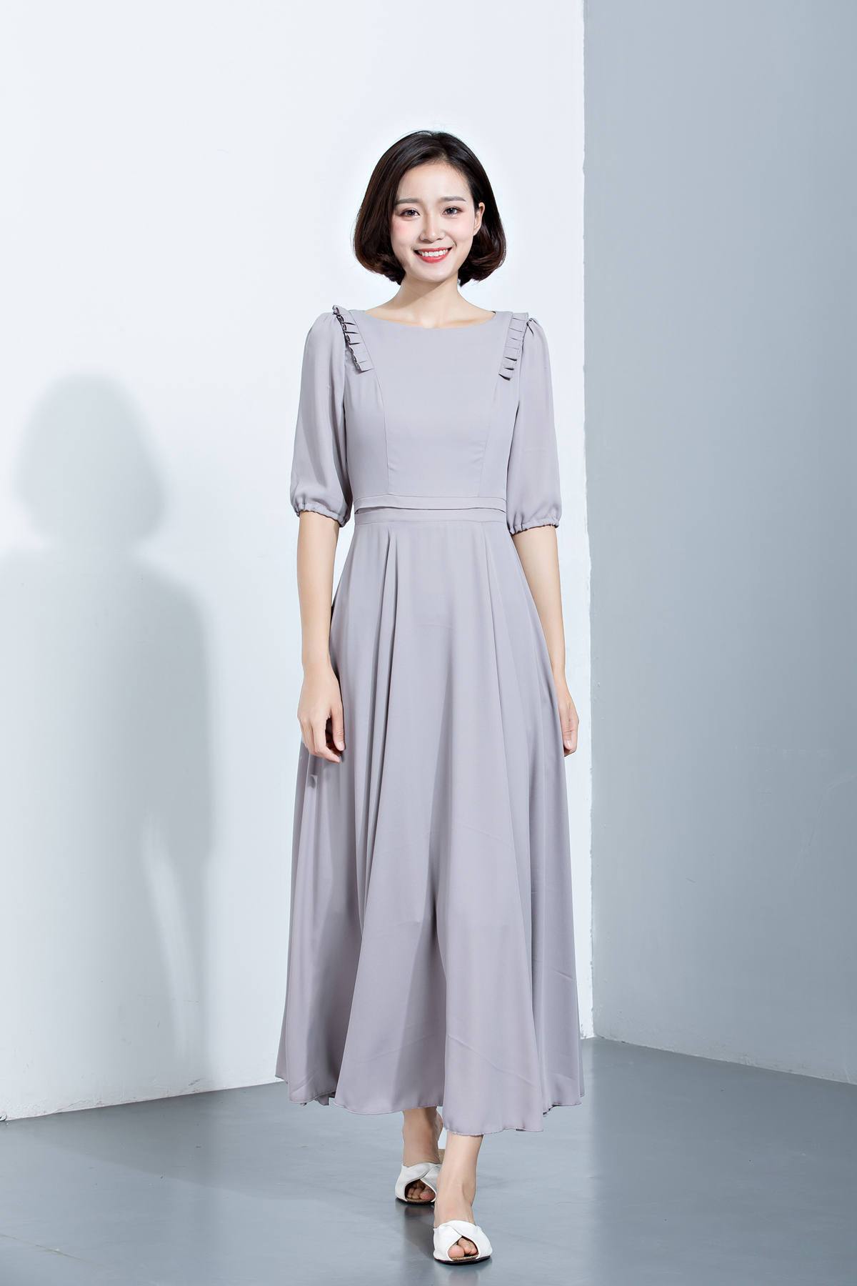summer chiffon dress with mid sleeves and high waist C1137