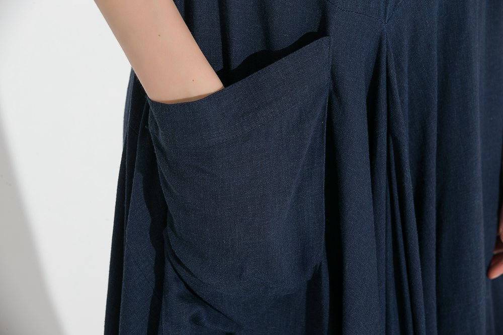 Navy blue linen dress - Casual Chic Summer Loose-Fitting Plus Size Comfortable Women's Dress (C688)
