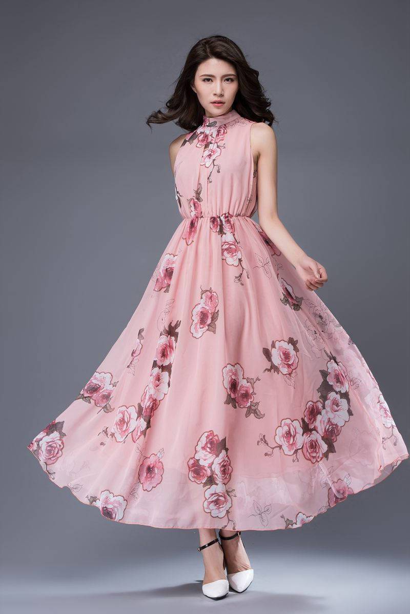 Pink print chiffon dress, bridesmaid chiffon dress, flower chiffon dress, romantic dress, womens dress, wedding dress, sleeveless dress C875