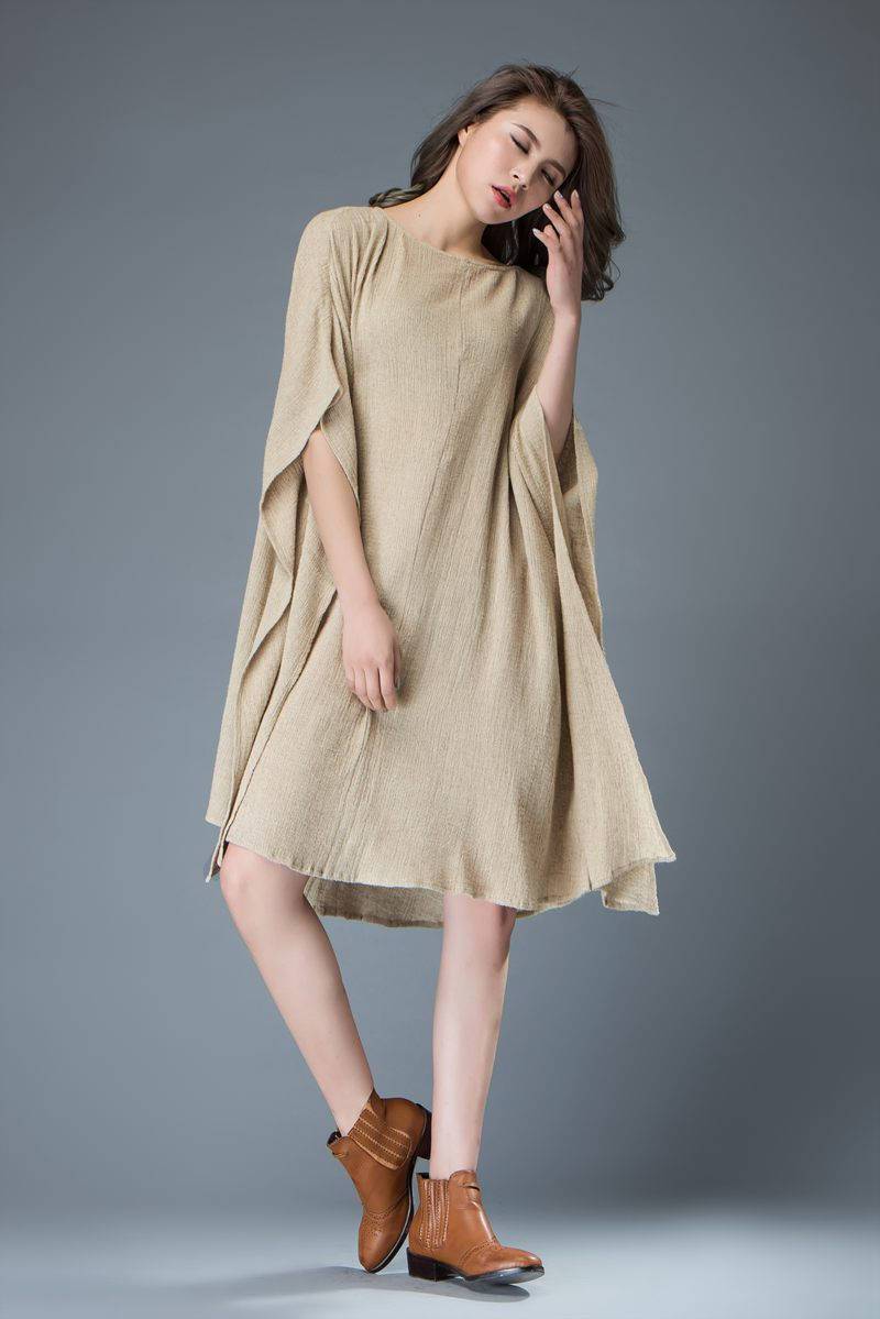 Linen tunic top, beige dress, beach cover up, batwing sleeves dress, knee length dress, maxi linen dress, plus size dress, loose dress C817