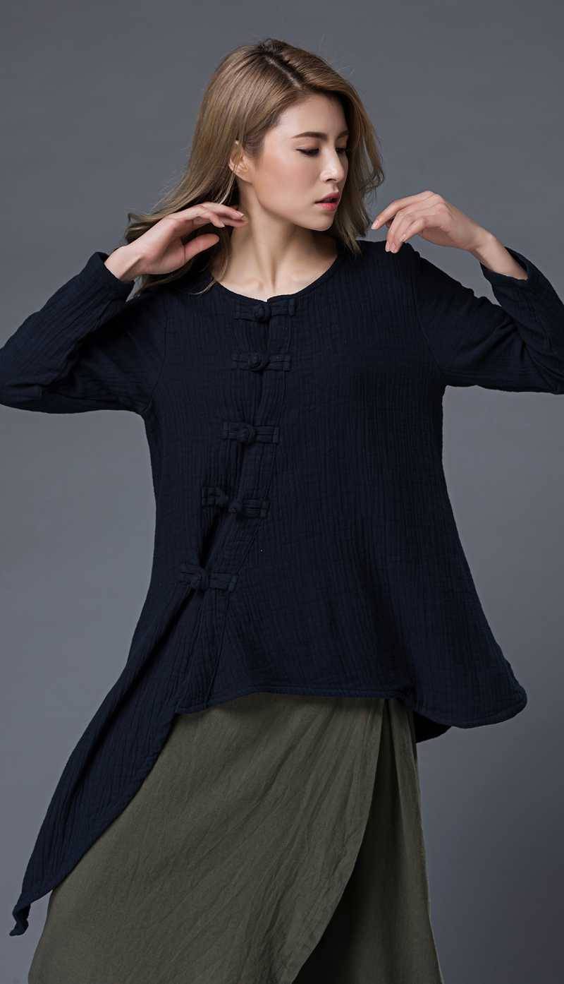 long sleeves top, casual top, summer top, loose blouse, linen top, blue top, asymmetrical shirt, loose blouse, classic shirt C857