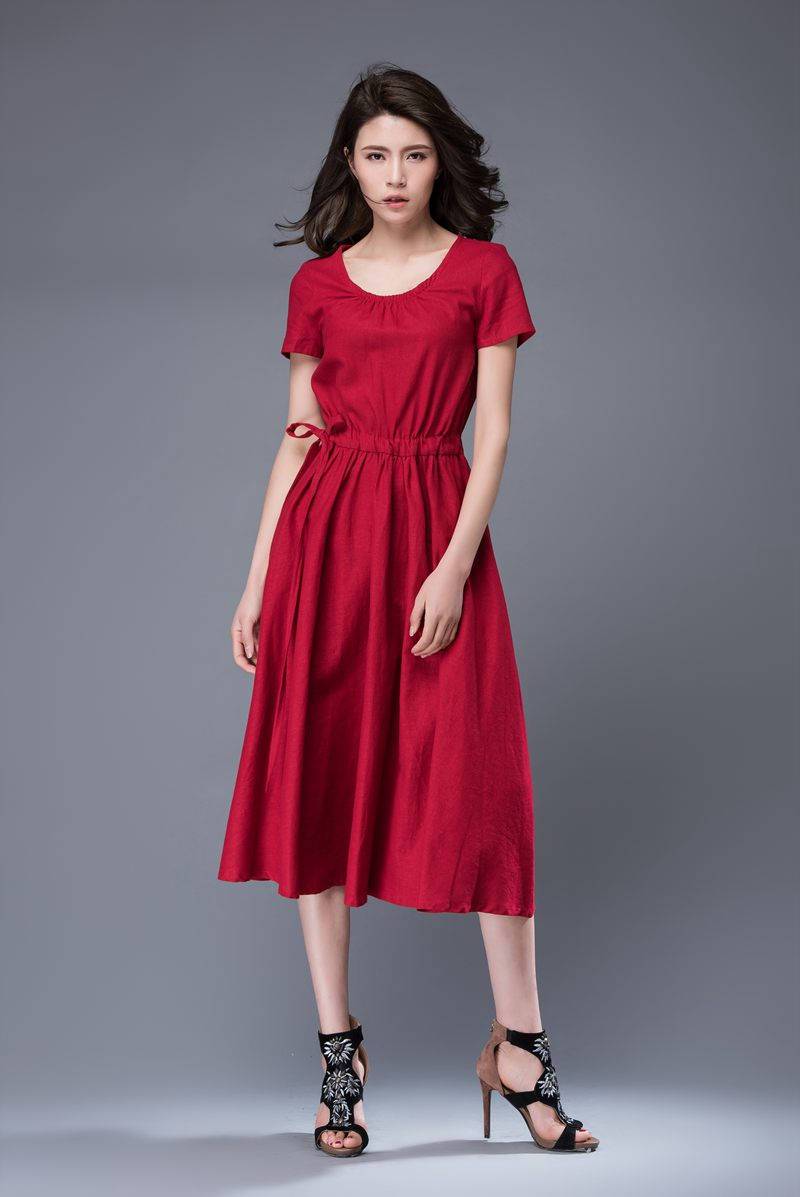 Red dress, scoop neck dress, linen dress, midi dress, drawstring dress, everyday dress, elegant dress, summer dress, pleated dress C887