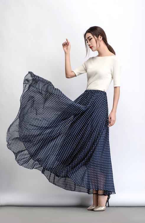 Chiffon skirt, polka dot maxi skirt, floaty skirt, long skirt, wedding skirt, summer skirt, navy blue skirt, sheer skirt, swing skirt C475