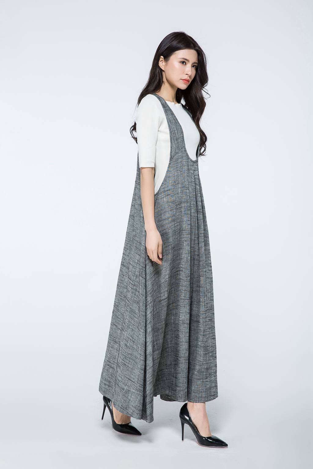 Overall dress, Pinafore dress, linen dress, long dress gray, woman dress linen, plus size dress, summer dress, Pinafore dress woman C1057