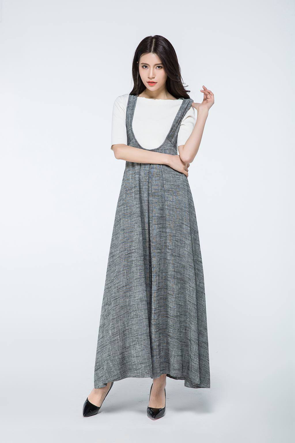 Overall dress, Pinafore dress, linen dress, long dress gray, woman dress linen, plus size dress, summer dress, Pinafore dress woman C1057