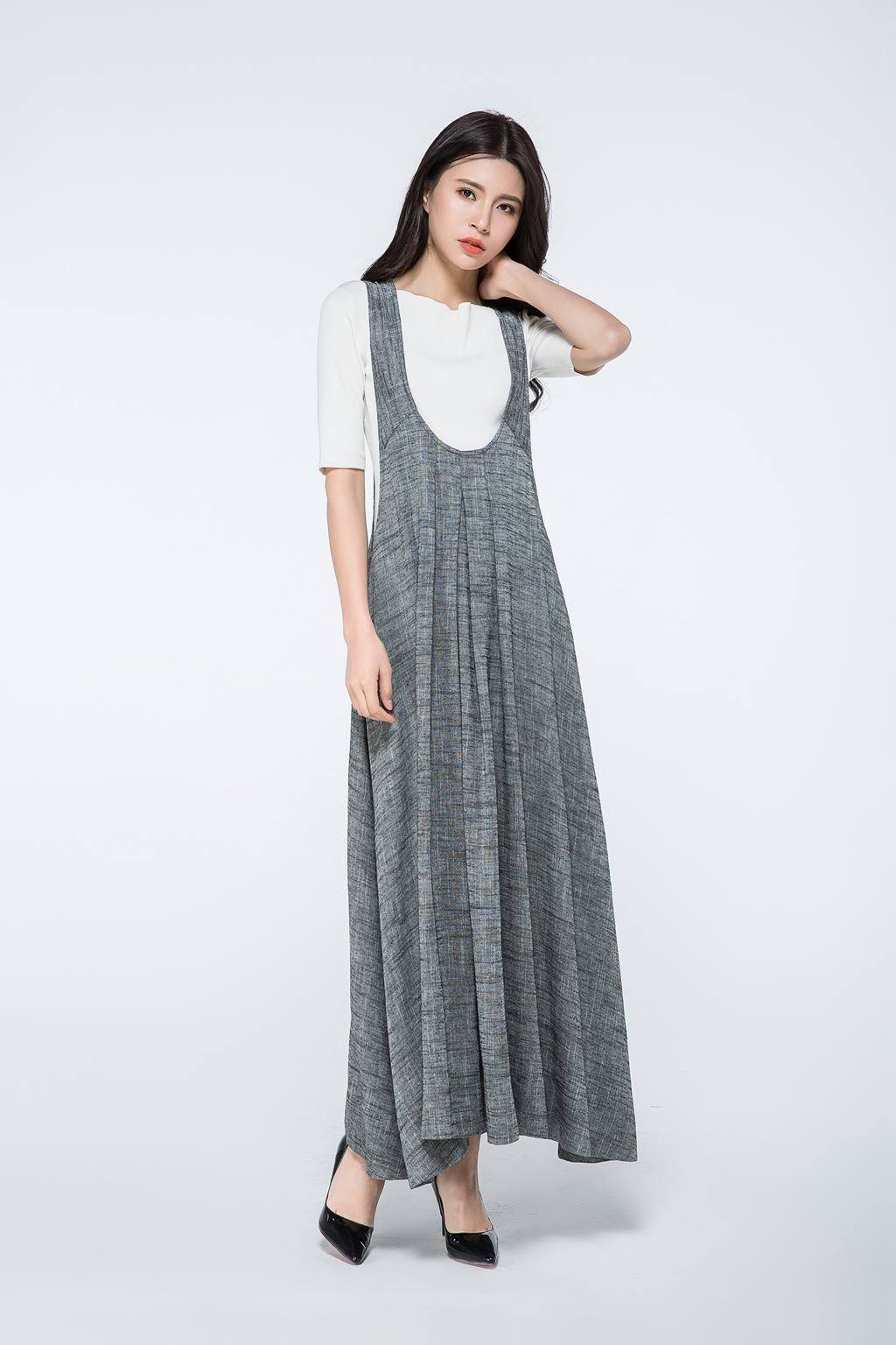 Overall dress, Pinafore dress, linen dress, long dress gray, woman dress linen, plus size dress, summer dress, Pinafore dress woman C1057
