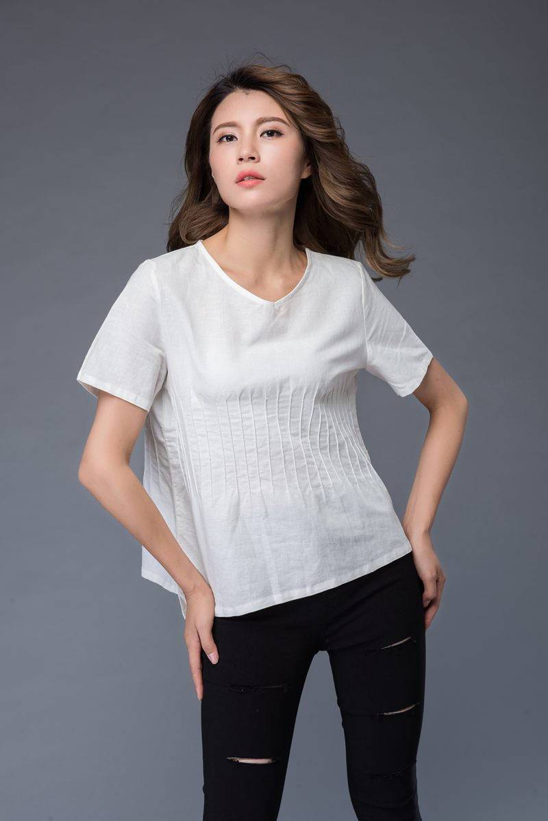 White top, linen top, summer shirt, womens blouse, asymmetrical tops, short shirt, casual top, v neck top, white tee, handmade top C948