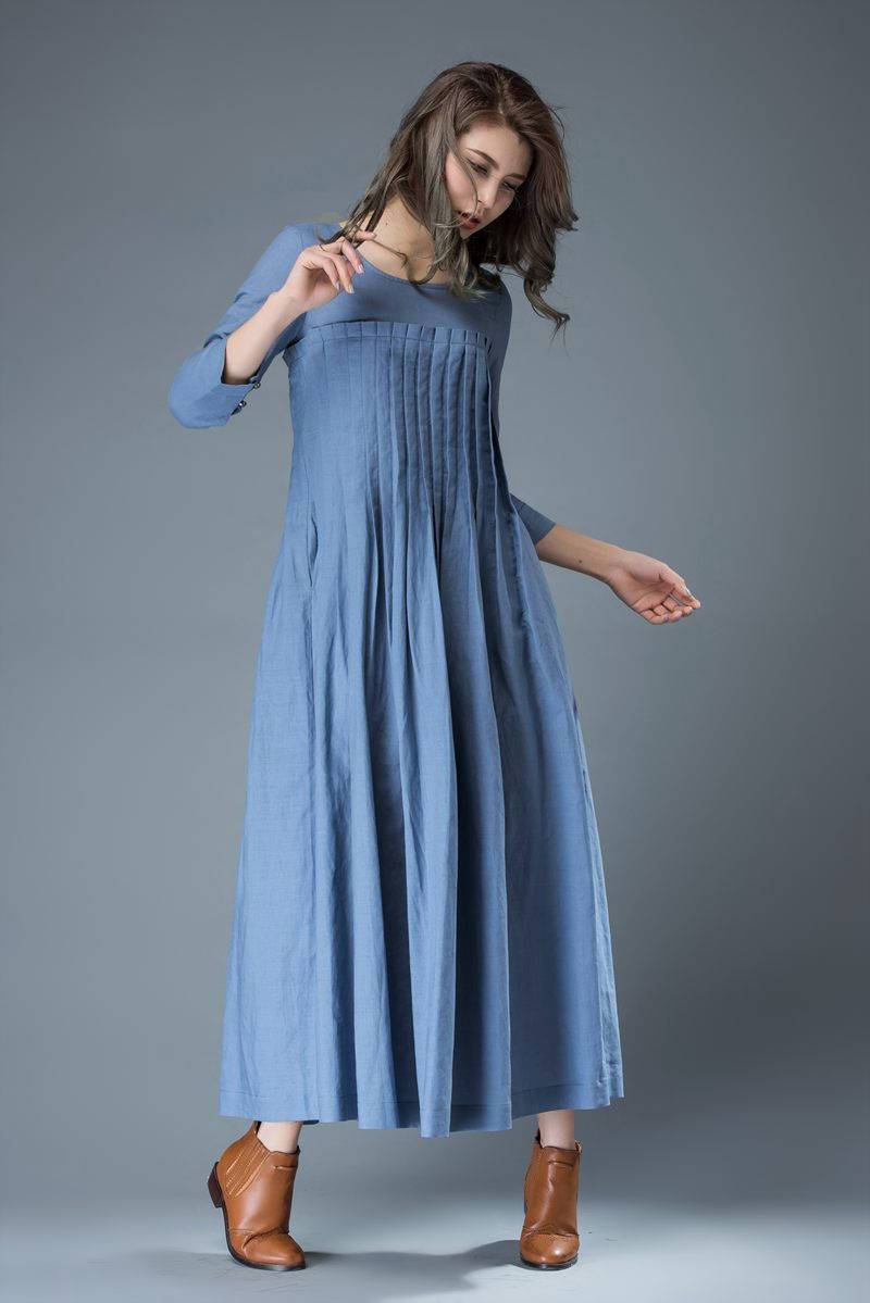 Linen dress for women, Maxi dress pockets, linen dress, long linen dress, womens dresses, loose linen dress, pleated dress, blue dress C811