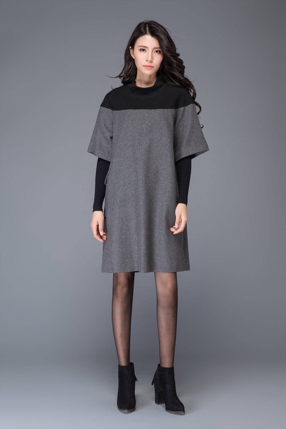 Wool patch work tunic dress for winter C1012