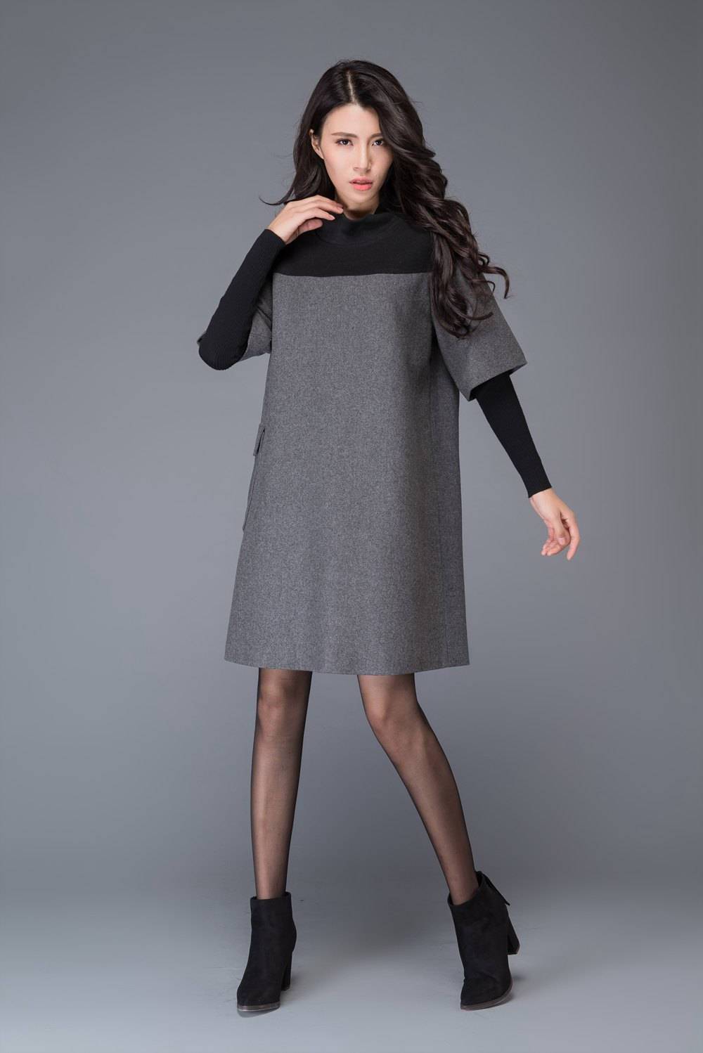 Wool patch work tunic dress for winter C1012