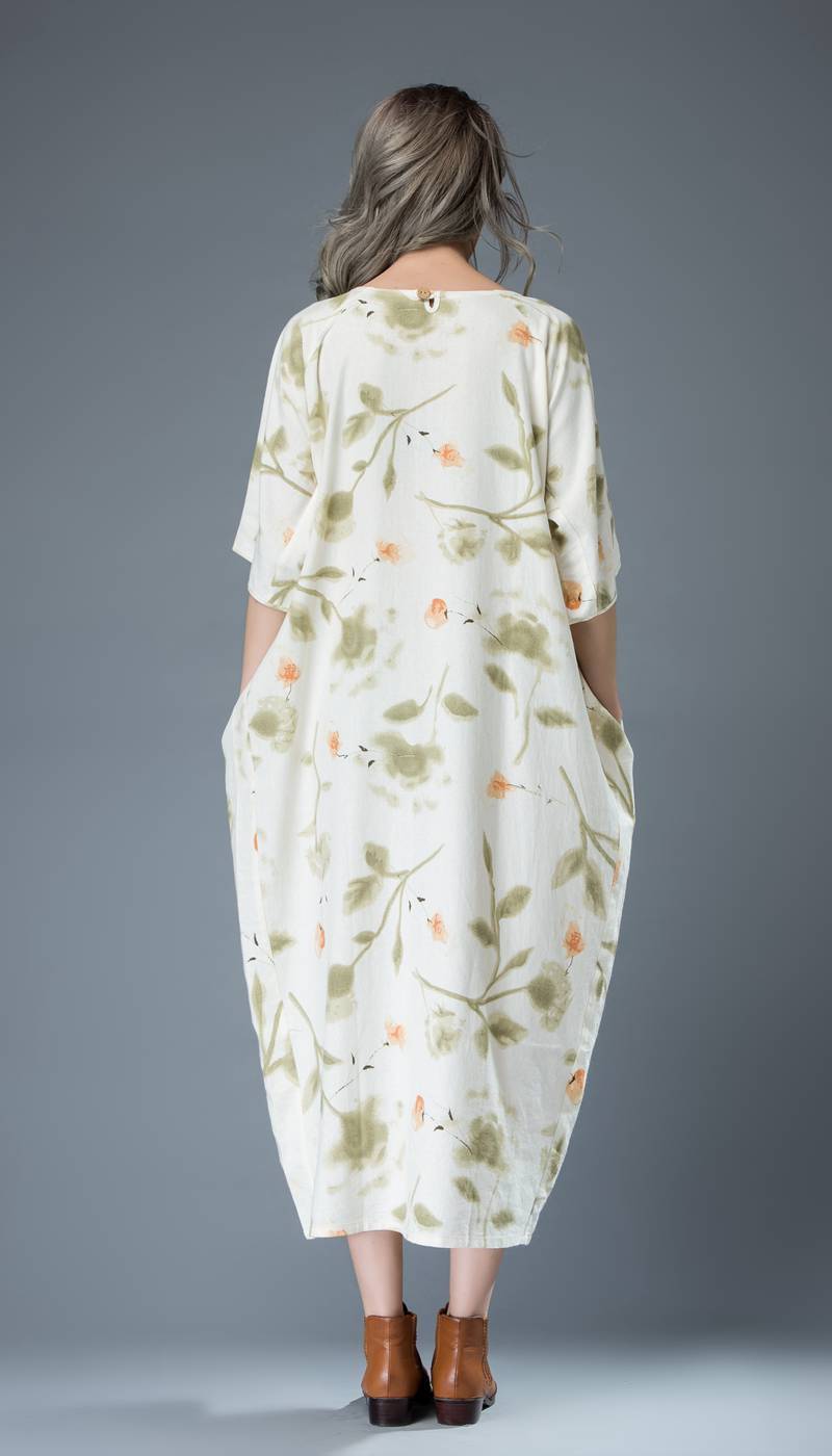 Flower print dress, maxi linen dress, womens dresses, long dress, t shirt dress, shift dress, oversize dress, plus size dress, handmade C812