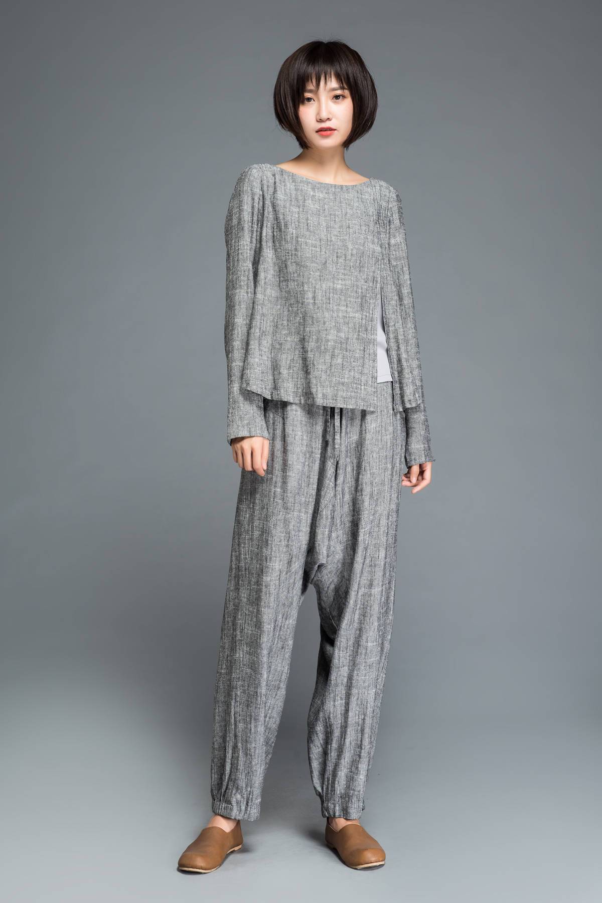 gray pants, loose pants, maxi pants, drop crotch pants, linen pants, baggy pants, yoga pants, gray linen pants, womens pants C1201