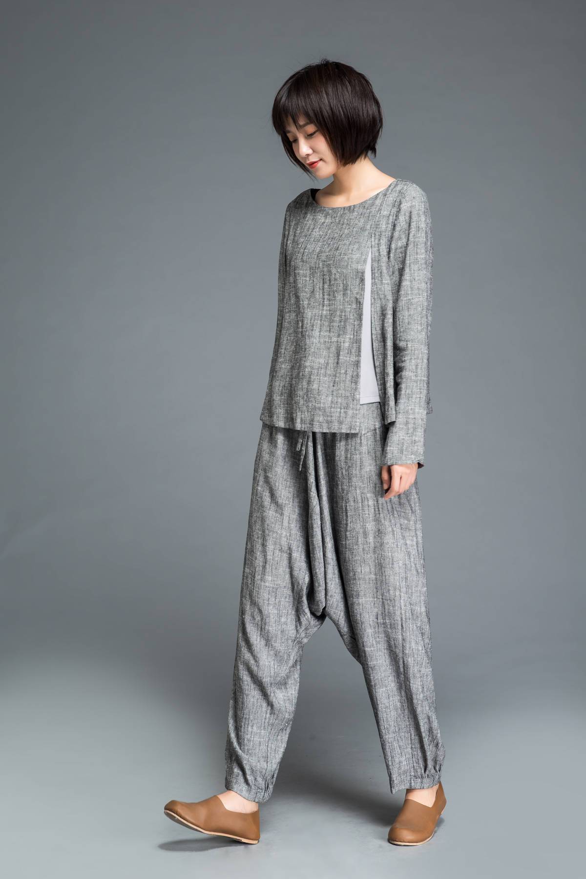 gray pants, loose pants, maxi pants, drop crotch pants, linen pants, baggy pants, yoga pants, gray linen pants, womens pants C1201
