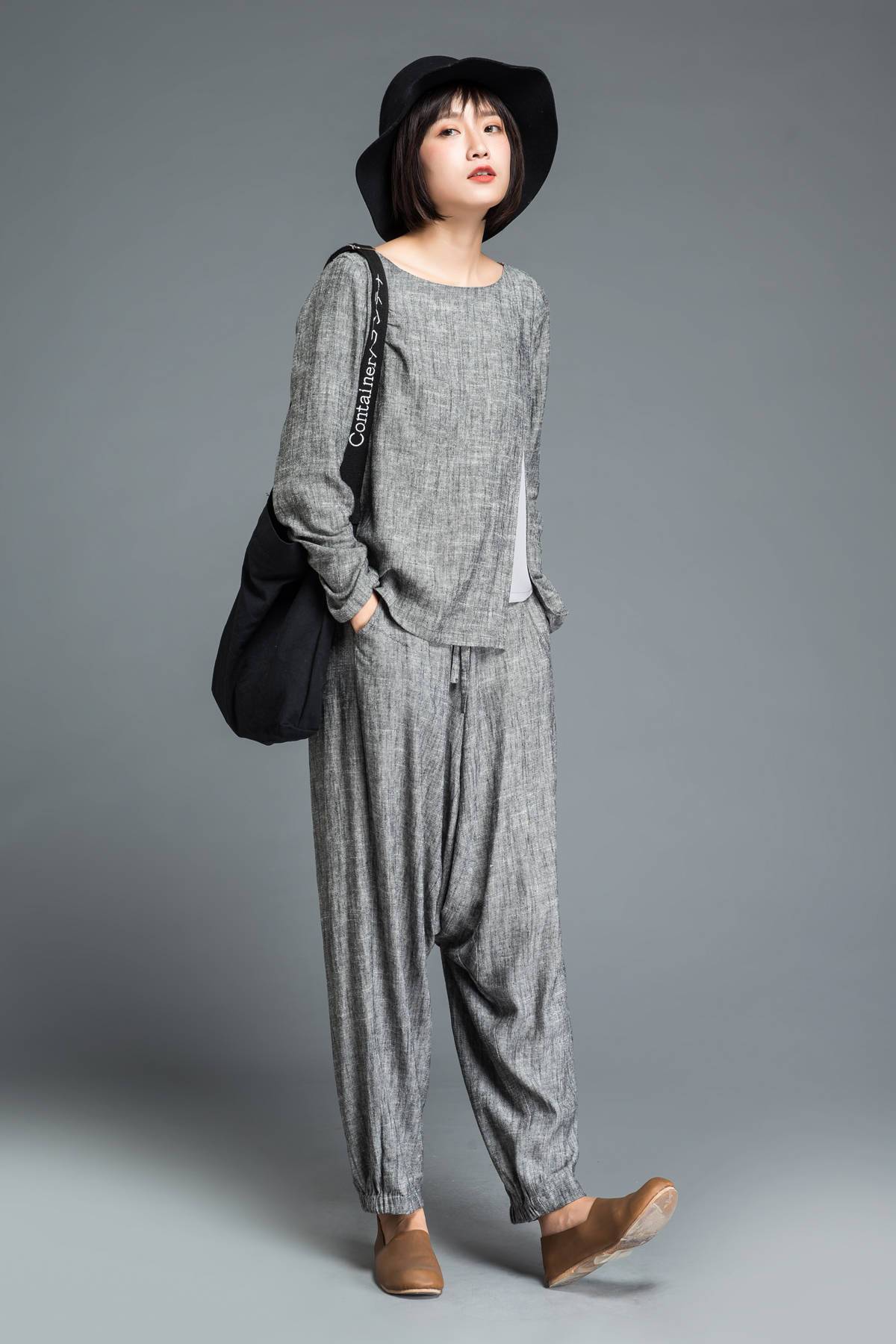 gray pants, loose pants, maxi pants, drop crotch pants, linen pants, baggy pants, yoga pants, gray linen pants, womens pants C1201