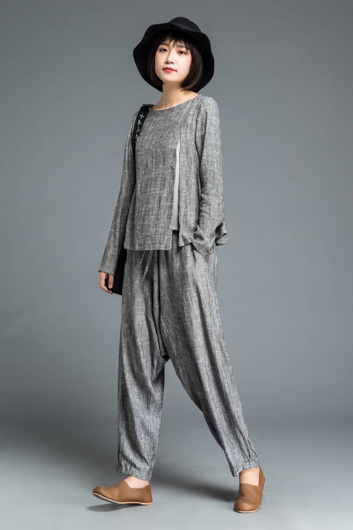 gray pants, loose pants, maxi pants, drop crotch pants, linen pants, baggy pants, yoga pants, gray linen pants, womens pants C1201