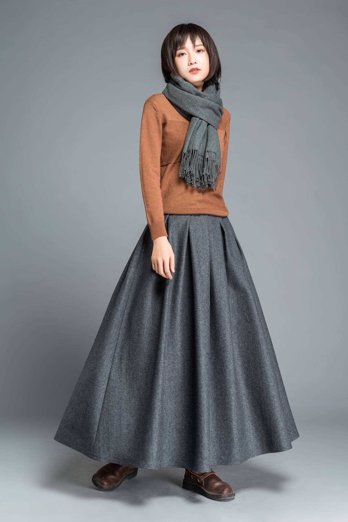 Gray skirt, winter skirt, long skirt, pleated skirt, womens skirts, wool skirt, flare skirt, swing skirt, skirt with pockets C1205