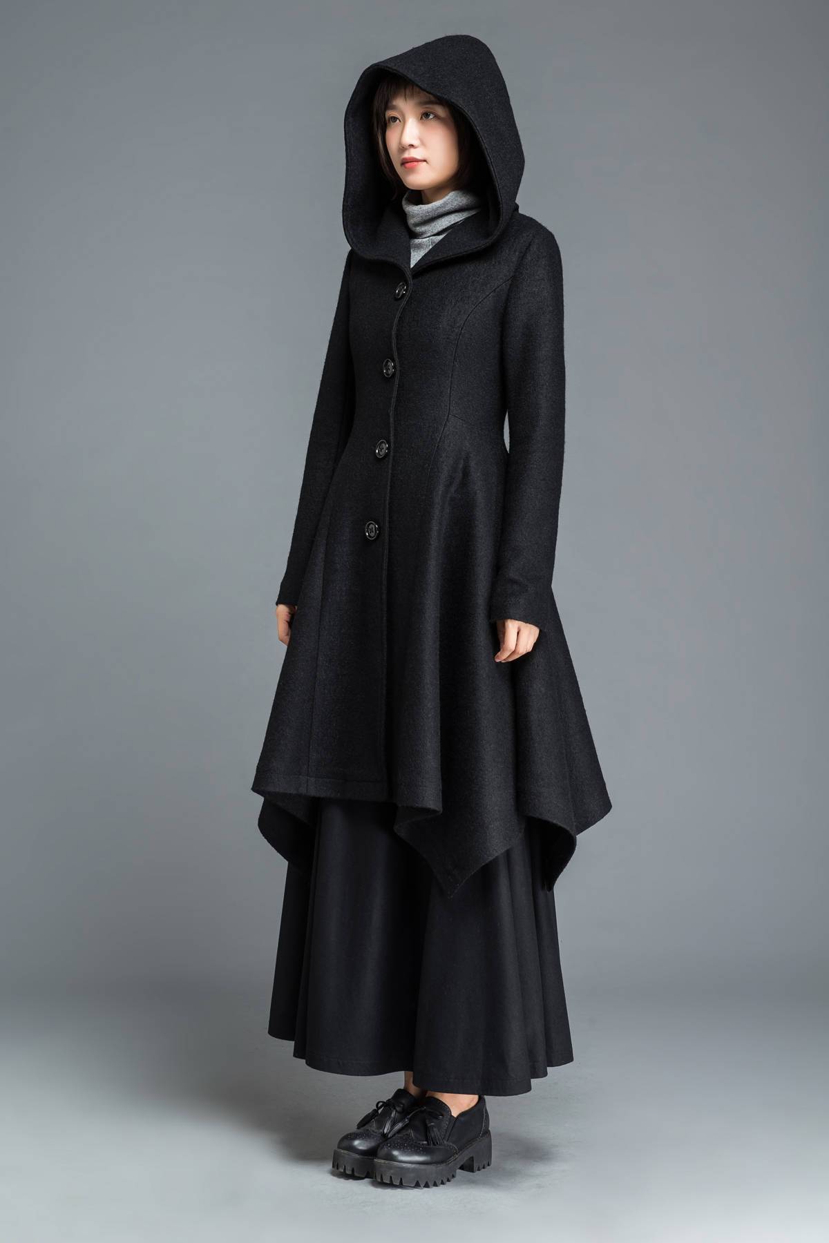 Black coat, wool coat, winter coat, Hooded coat, warm coat, black wool coat, warm wool coat, womens coat, irregular coat, pocket coat C1210