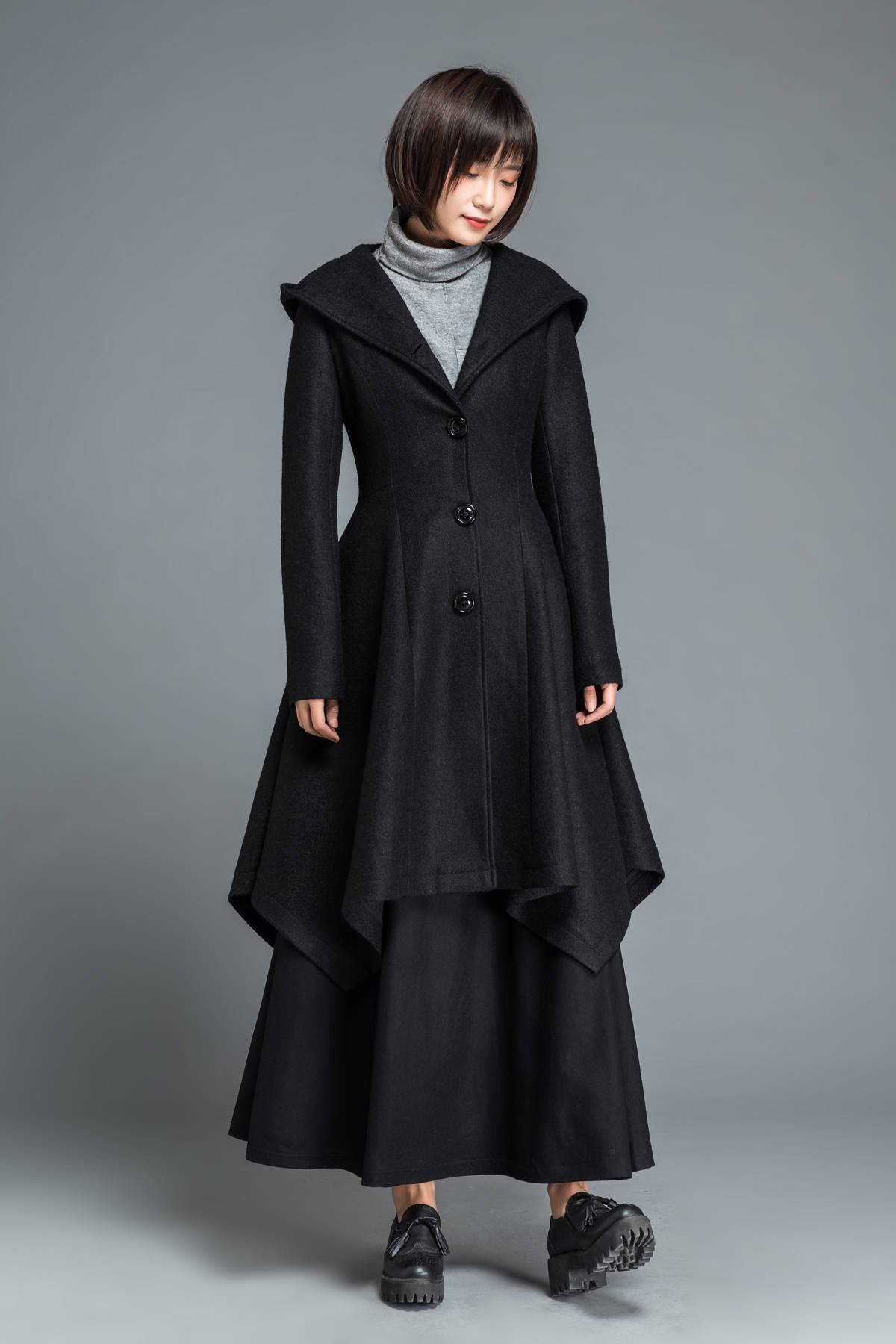 Black coat, wool coat, winter coat, Hooded coat, warm coat, black wool coat, warm wool coat, womens coat, irregular coat, pocket coat C1210