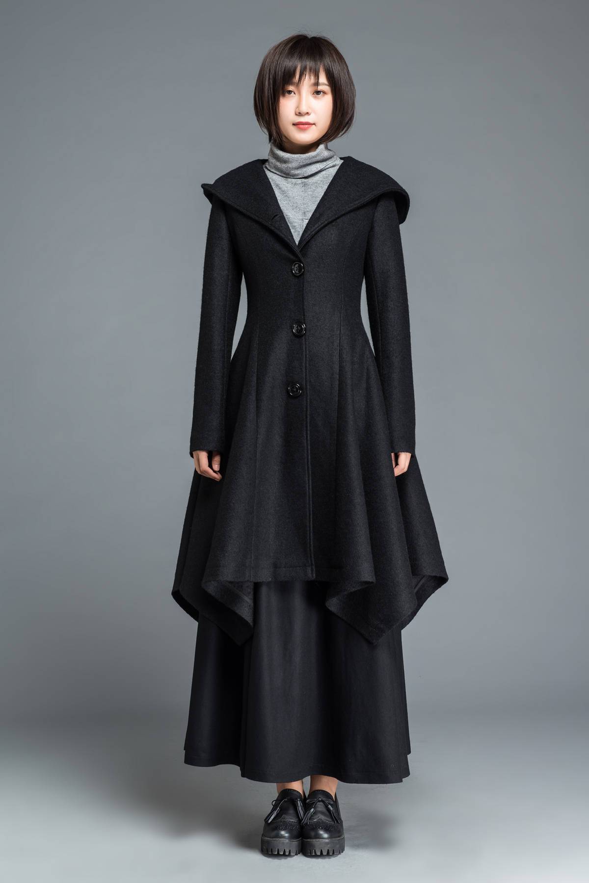 Black coat, wool coat, winter coat, Hooded coat, warm coat, black wool coat, warm wool coat, womens coat, irregular coat, pocket coat C1210