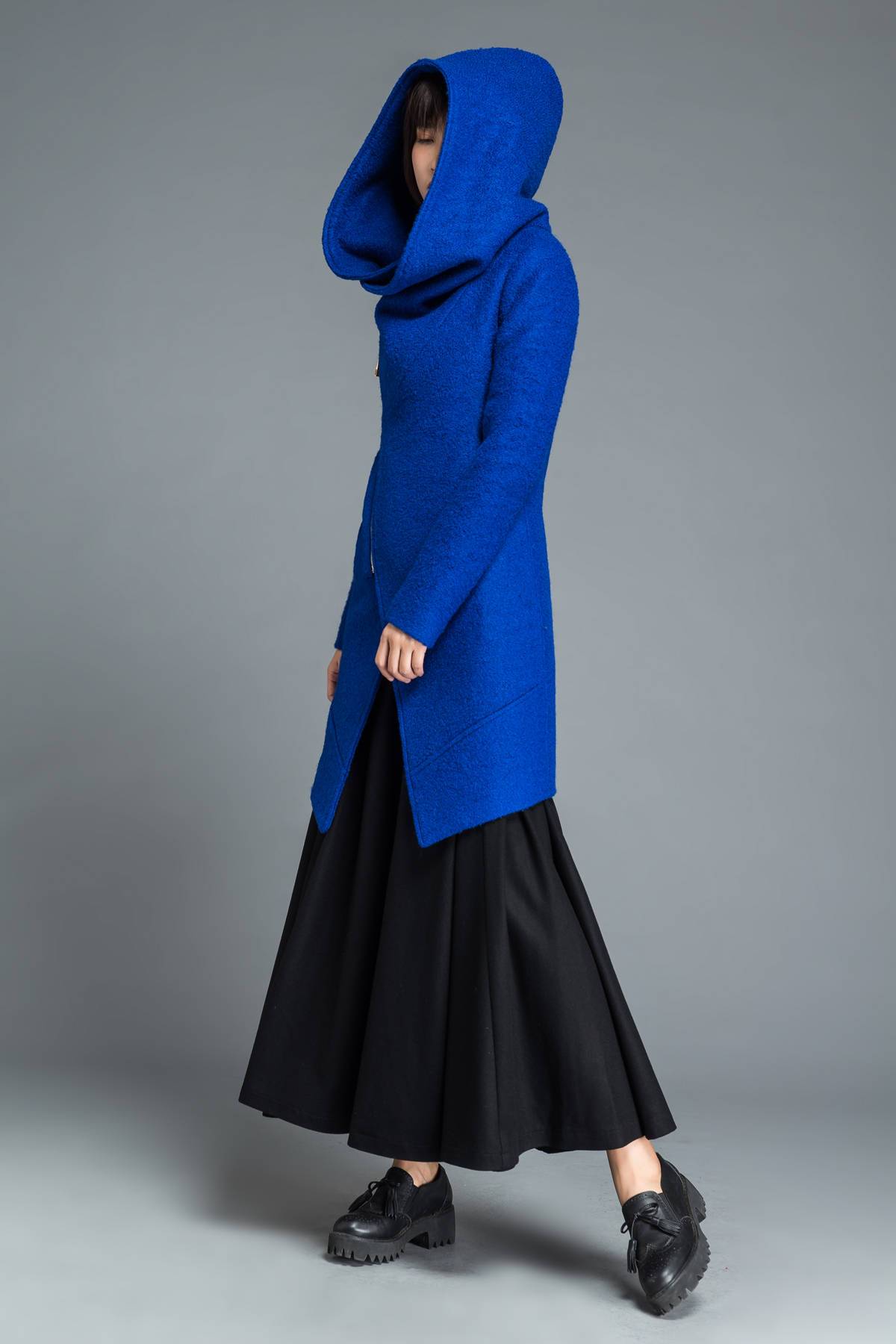 Womens coat, wool coat, blue coat, winter coat, asymmetrical coat, hoody coat, cowl neck coat, plus size coat, winter wool coat C1212