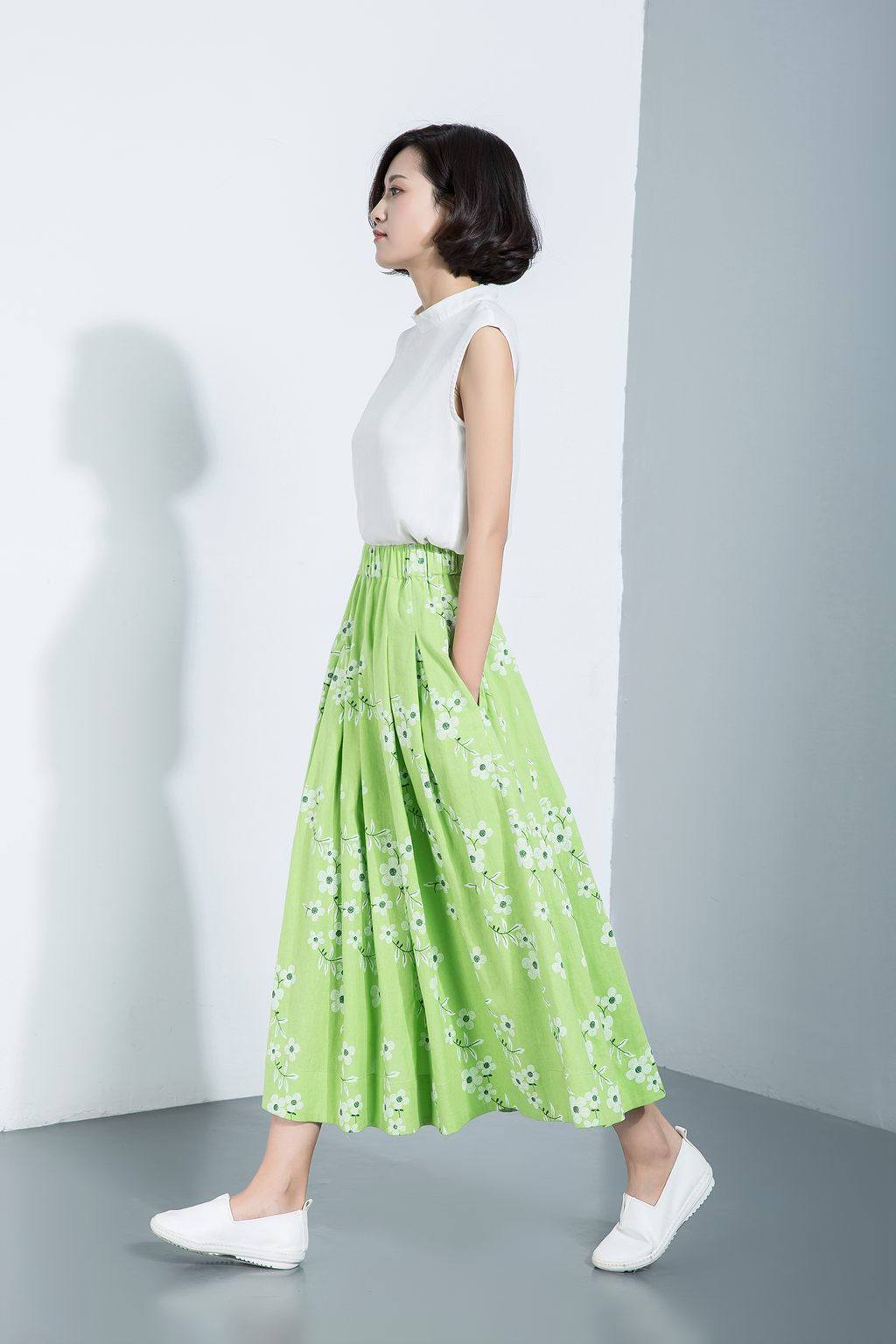 flower skirts, print skirts, skater skirt, pleated linen skirt, long linen skirt, maxi skirt, mint green skirt, green linen skirt C1125