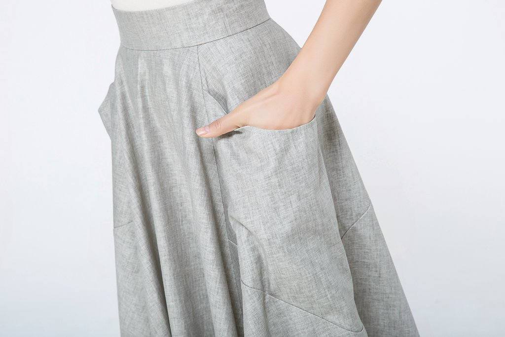Gray linen midi skirt with big pockets C1067