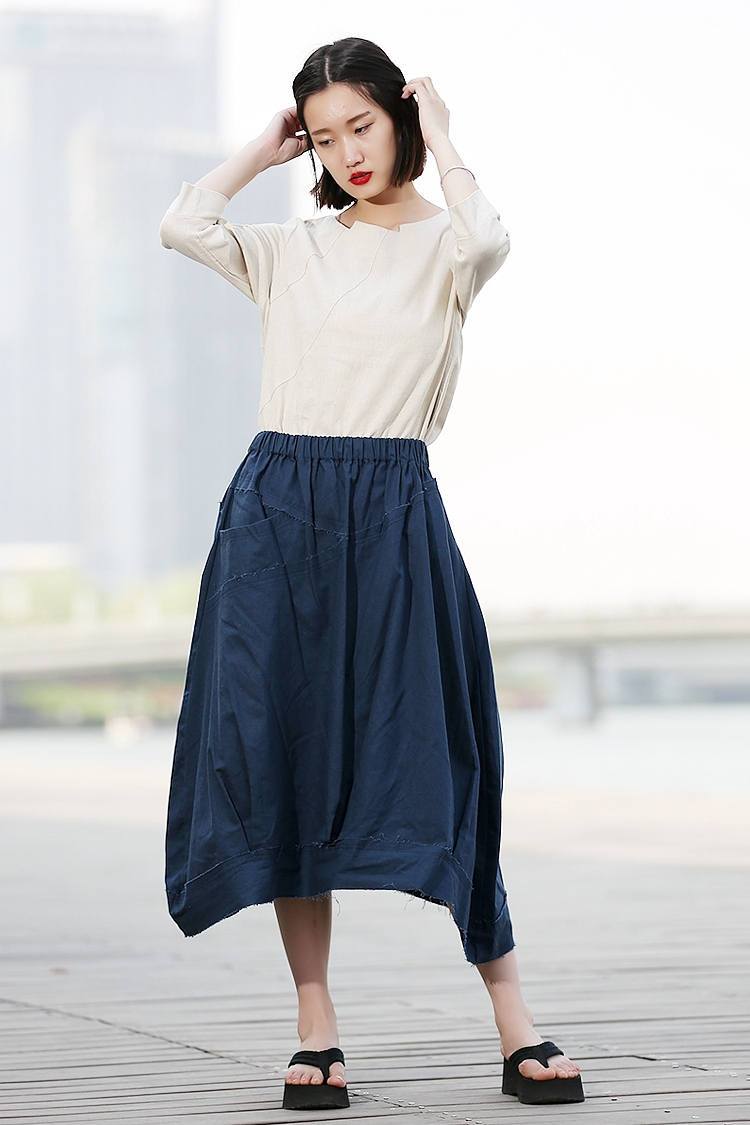 elastic wasit casual linen maxi skirt C374