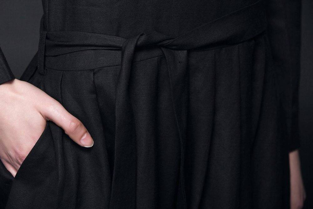 Designer dress, black linen dress, linen dress maxi, pleated dress, midi dress, long sleeves dress, autumn dress, dress with pockets C506