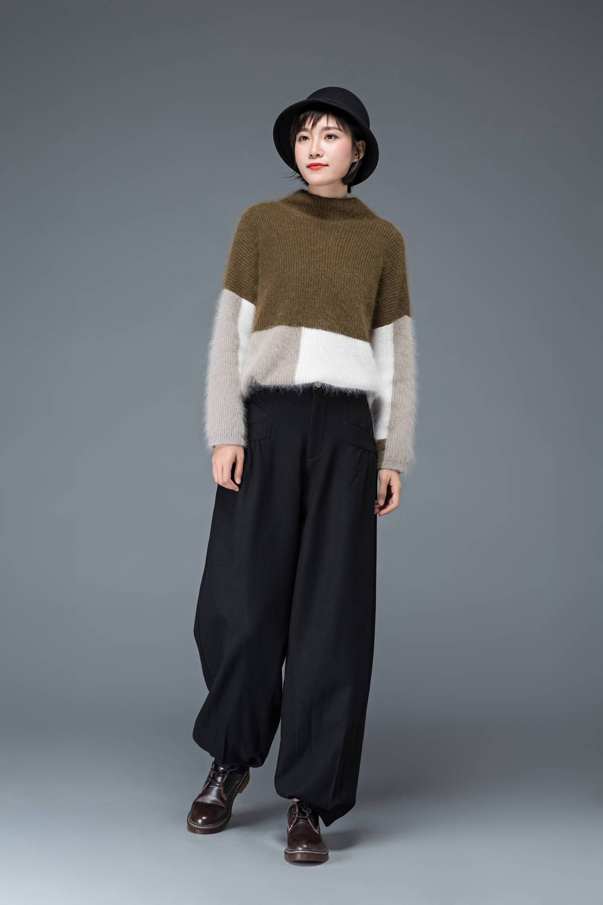 Long casual black winter wool pants C1179