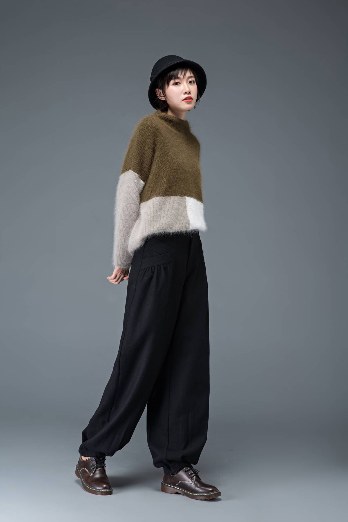 Long casual black winter wool pants C1179