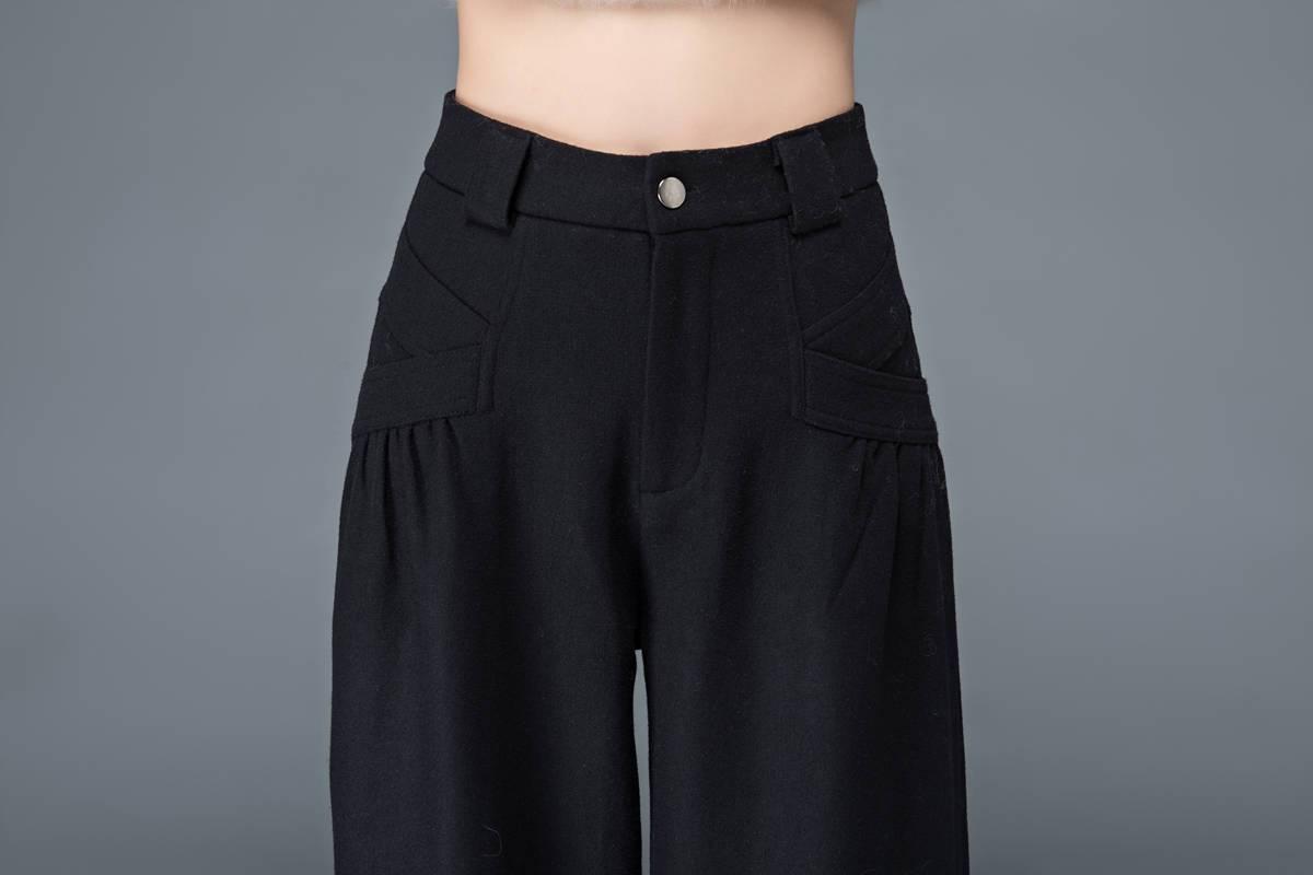 Long casual black winter wool pants C1179
