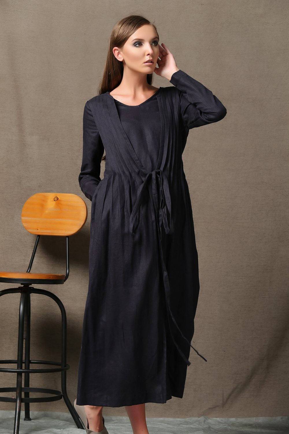 Black Dress, pleated dress, long linen dress, causal dress, linen dress, summer dress, long sleeve dress, maxi dress, loose dress C557