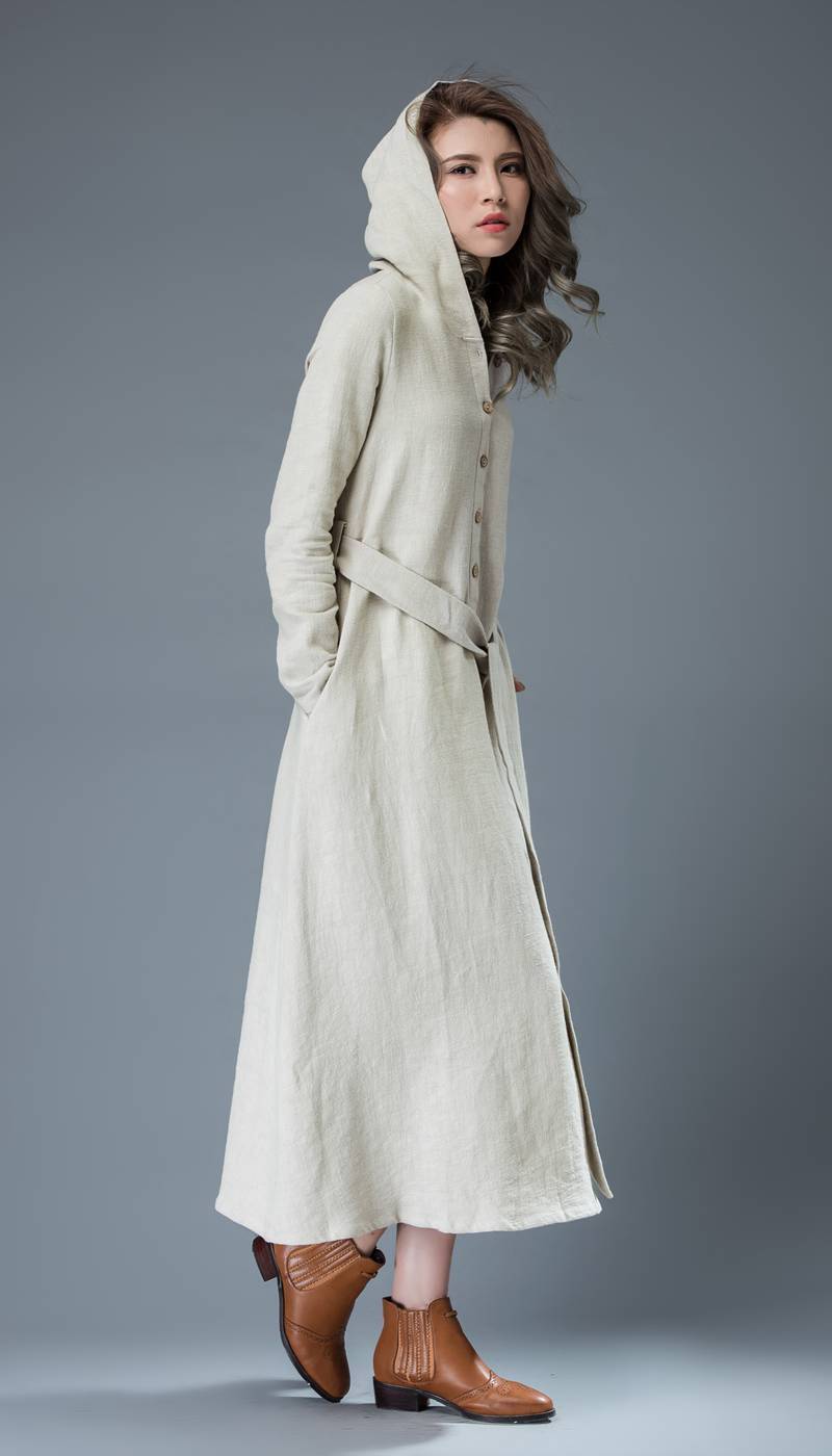 gray linen dress, hooded linen dress, linen dress, maxi dress, women dresses, long sleeve dress, casual dress, linen dress women C814