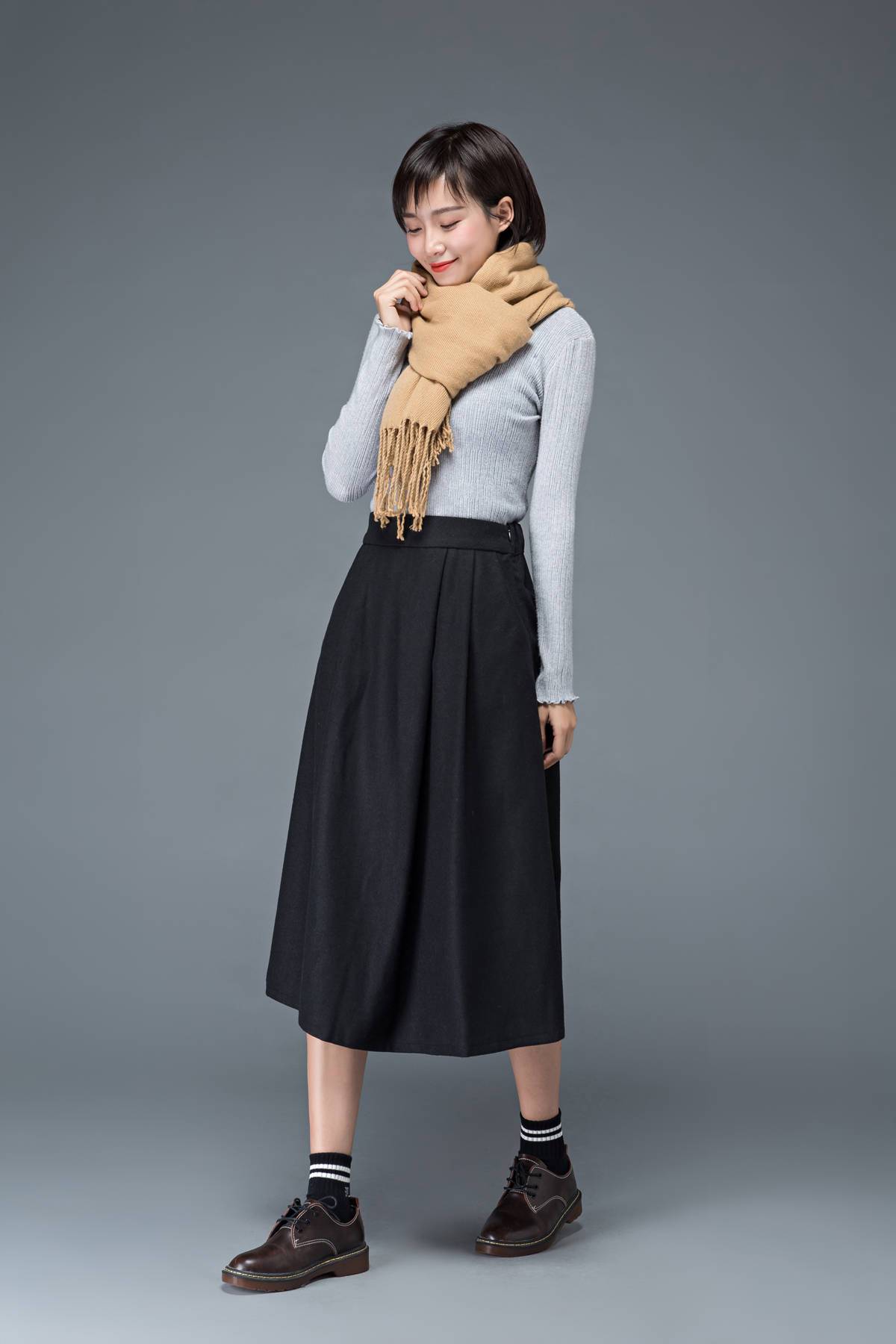 black skirt, wool skirt, womens skirts, midi skirt, pleated skirt, pocket skirt, winter skirt, warm skirt, work skirt, skirt C1181