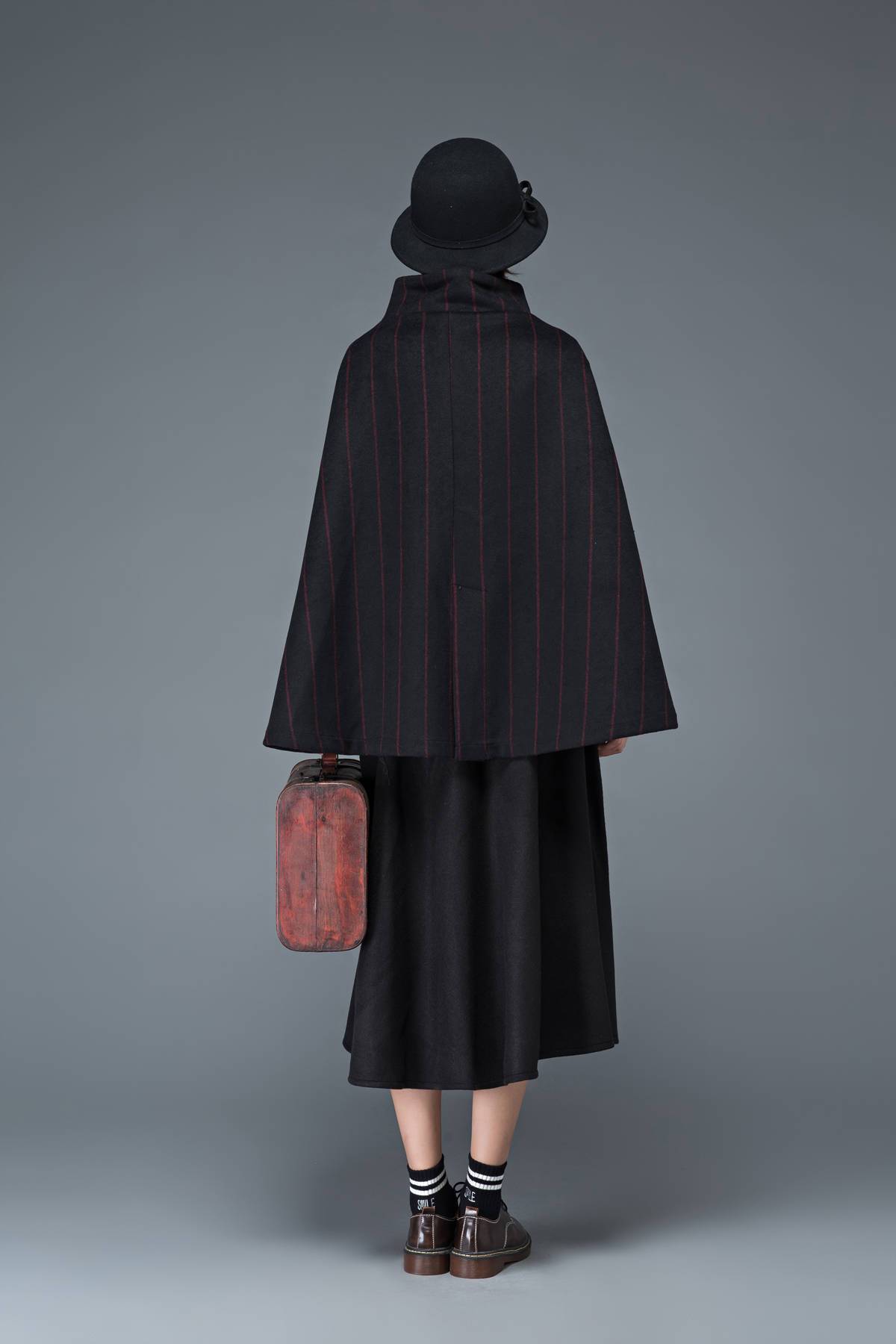 wool poncho black cloak maxi capecoat C1184